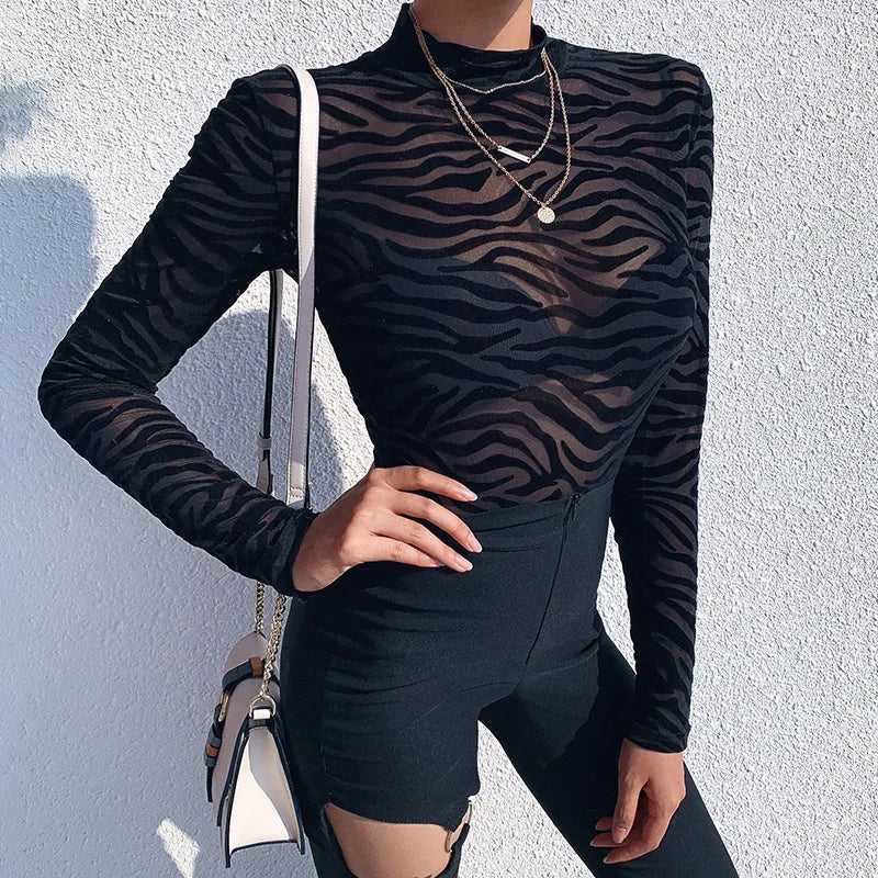 🖤 "Black Mesh Bodysuit – Sheer Long Sleeve Party Romper"
