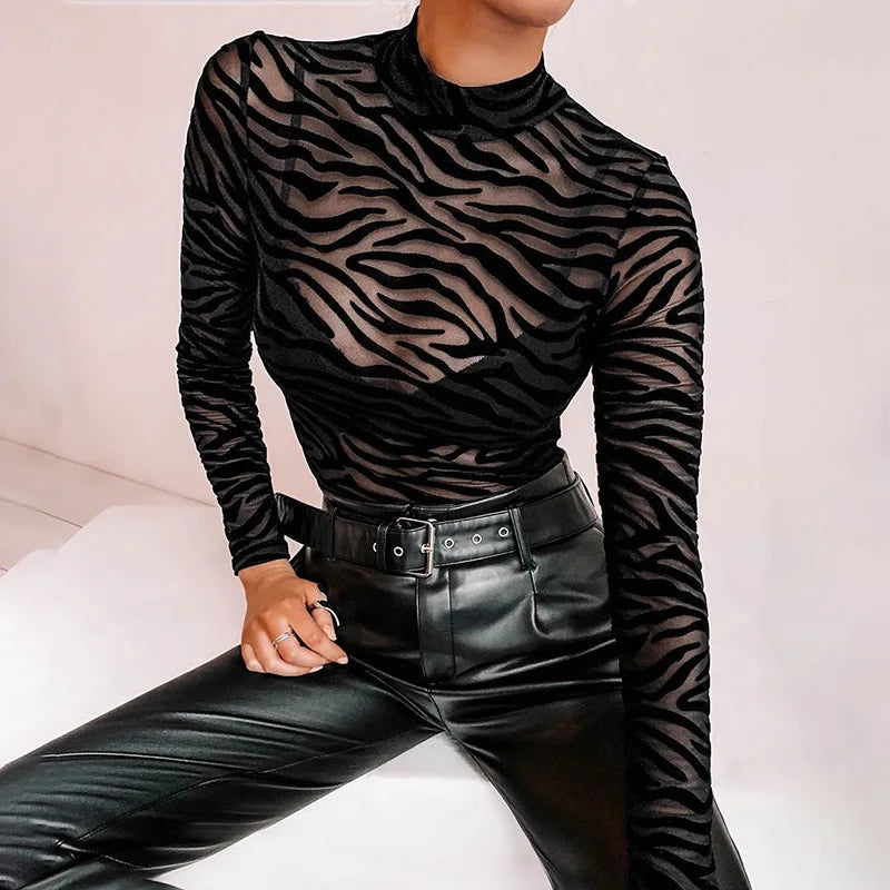 🖤 "Black Mesh Bodysuit – Sheer Long Sleeve Party Romper"