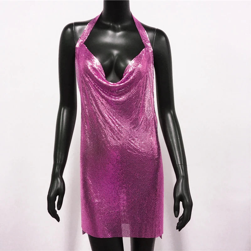 "Dazzle All Night – New Glitter Sequin Backless Halter Dress for Ultimate Party Glam"