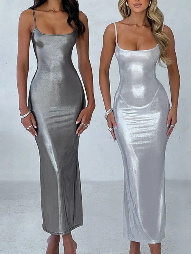 "Sexy Shiny Patent Leather Sleeveless Bodycon Dress"