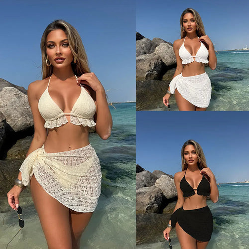 "3-Piece Sexy Bikini – Push-Up, Ruffles & Cover-Up"