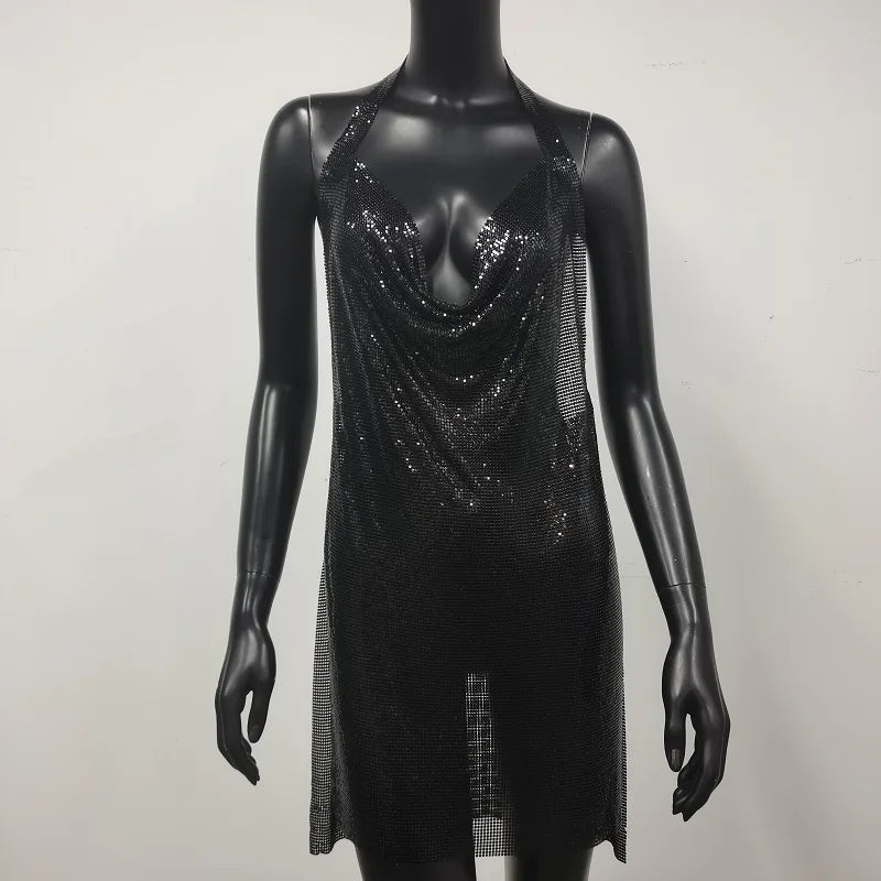 "Dazzle All Night – New Glitter Sequin Backless Halter Dress for Ultimate Party Glam"