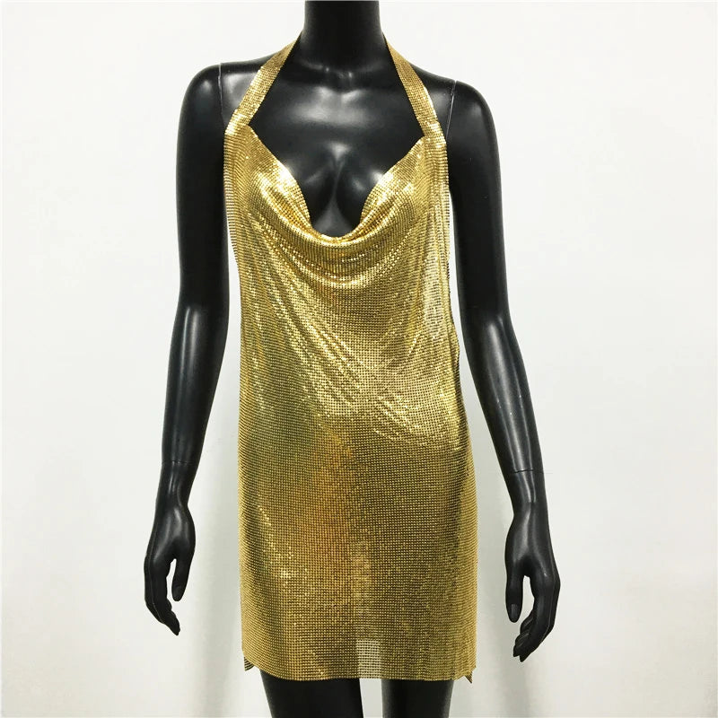 "Dazzle All Night – New Glitter Sequin Backless Halter Dress for Ultimate Party Glam"