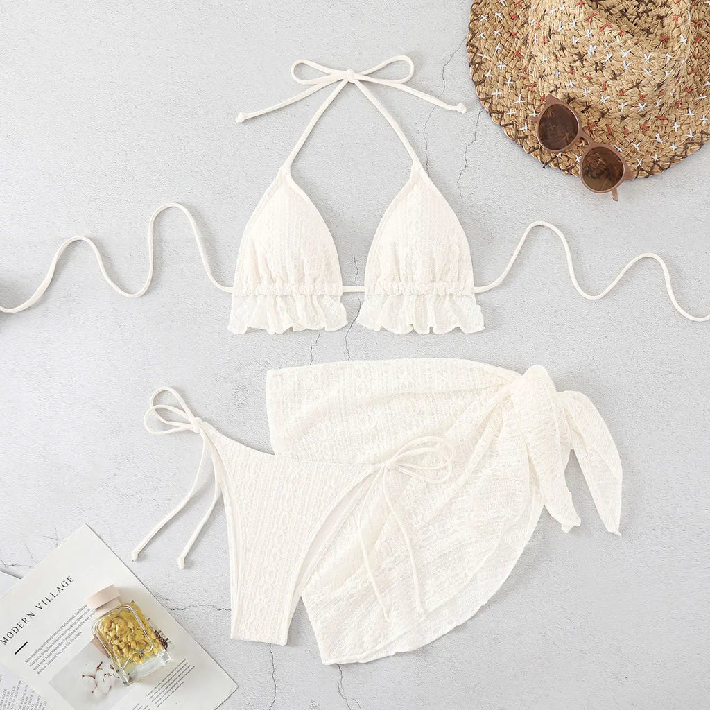 "3-Piece Sexy Bikini – Push-Up, Ruffles & Cover-Up"
