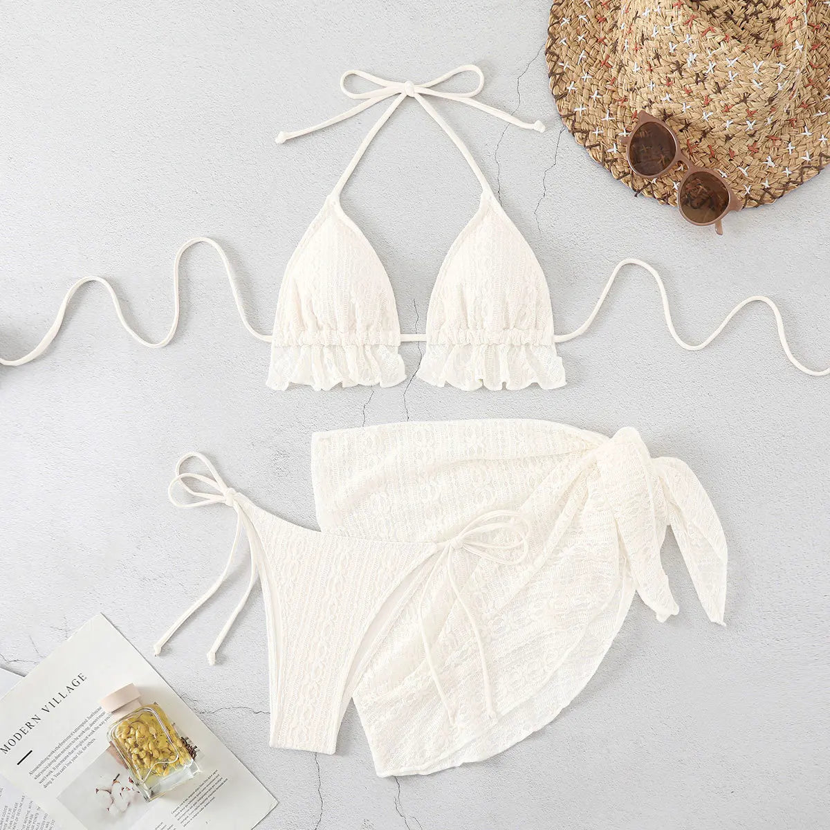 "3-Piece Sexy Bikini – Push-Up, Ruffles & Cover-Up"