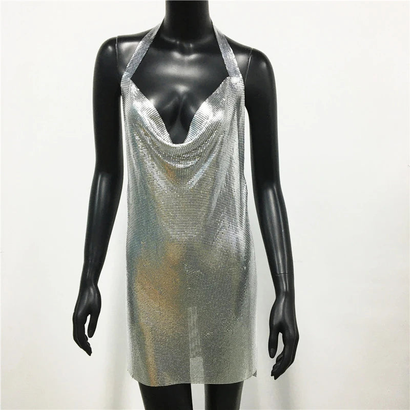 "Dazzle All Night – New Glitter Sequin Backless Halter Dress for Ultimate Party Glam"