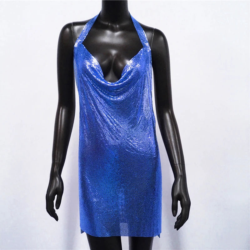 "Dazzle All Night – New Glitter Sequin Backless Halter Dress for Ultimate Party Glam"