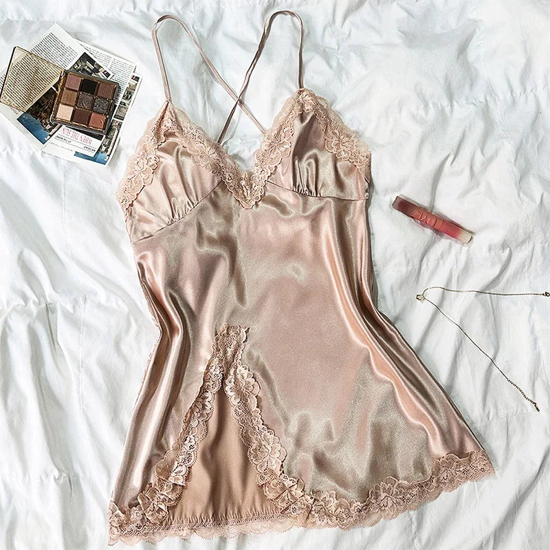 New Ice Silk Sleepwear – Soft Satin Frill Trim Camisole Nightdress