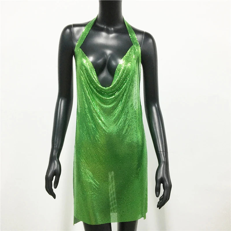 "Dazzle All Night – New Glitter Sequin Backless Halter Dress for Ultimate Party Glam"