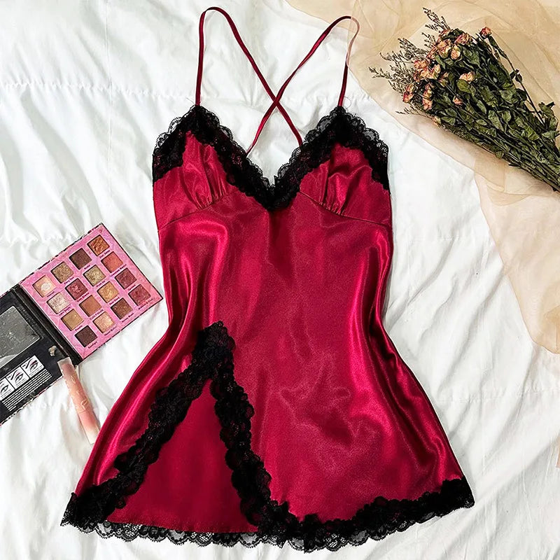 New Ice Silk Sleepwear – Soft Satin Frill Trim Camisole Nightdress