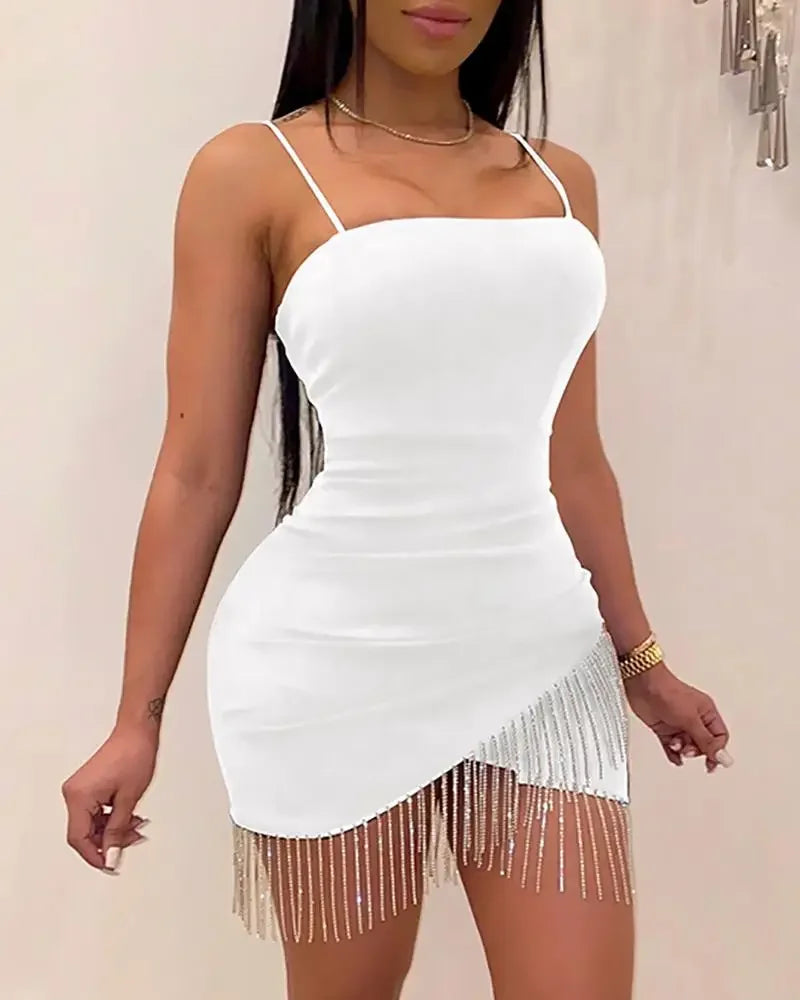 "New Elegant Tassel Split Sleeveless Mini Bodycon Dress"