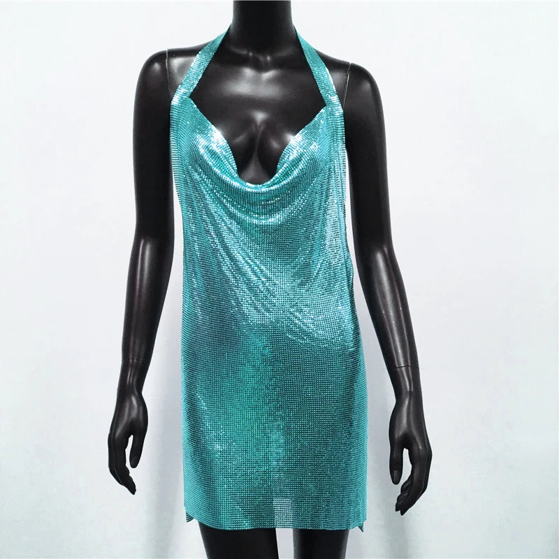 "Dazzle All Night – New Glitter Sequin Backless Halter Dress for Ultimate Party Glam"