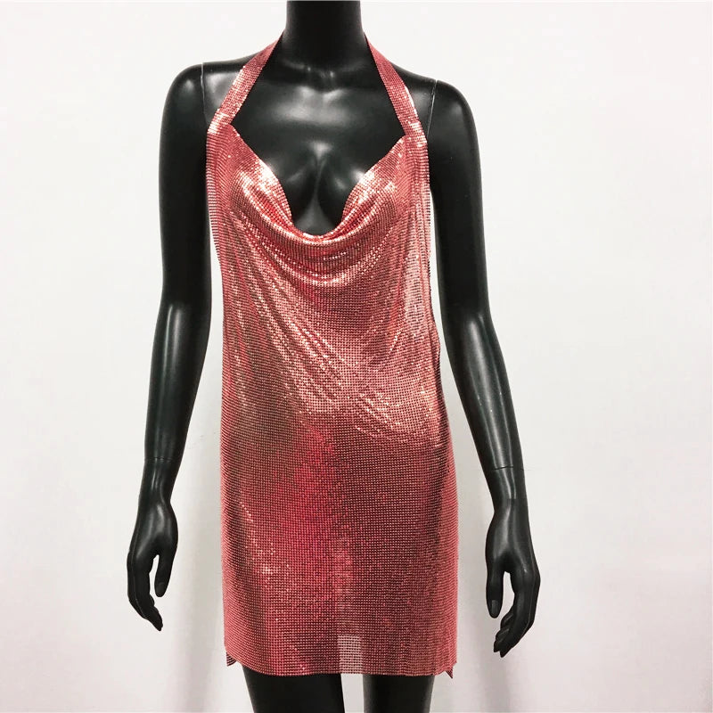"Dazzle All Night – New Glitter Sequin Backless Halter Dress for Ultimate Party Glam"