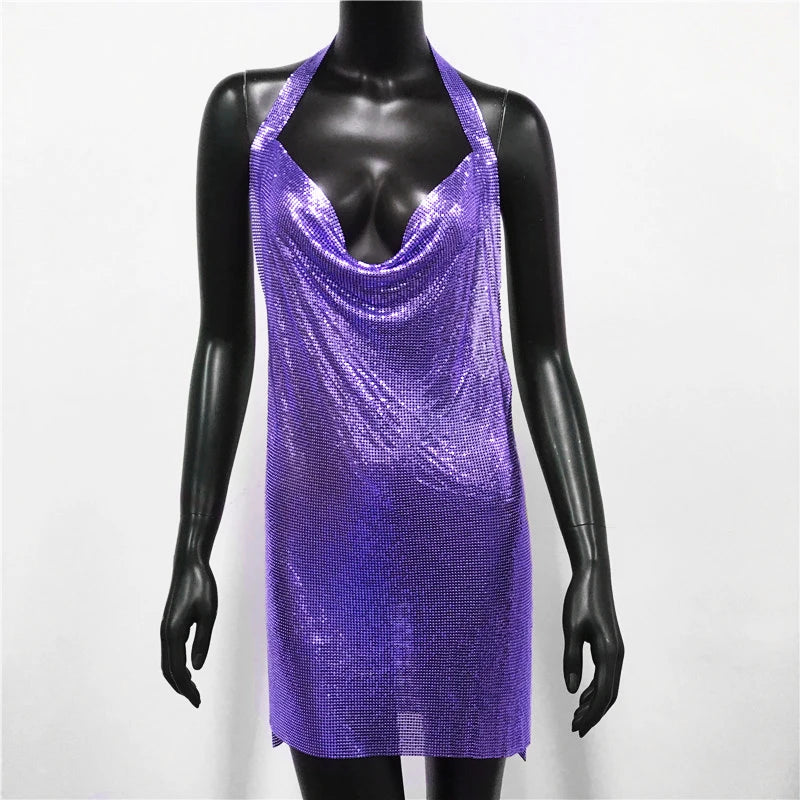 "Dazzle All Night – New Glitter Sequin Backless Halter Dress for Ultimate Party Glam"